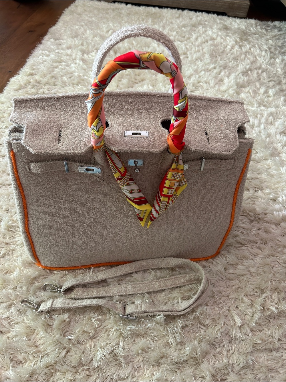 Beige Bouclé Top-Handle Bag with Orange Trim